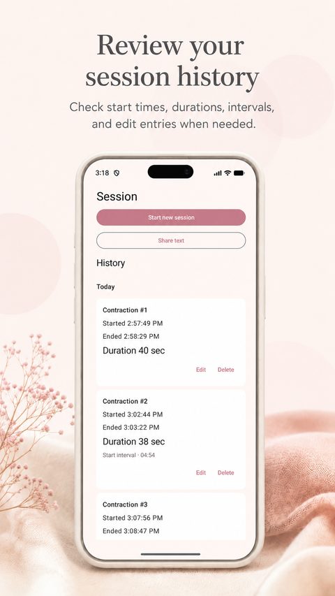 Review your session history — check start times, durations and intervals, and edit entries when needed.