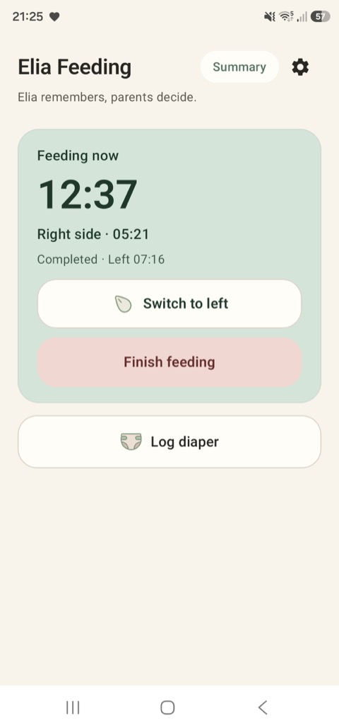 Track a breastfeeding session, switch sides with one tap, and see the time for each side.