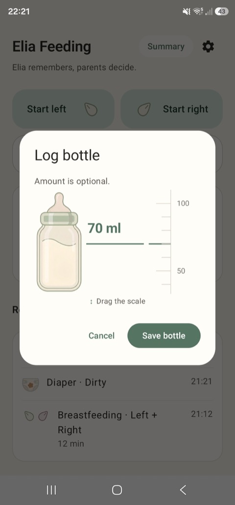 Log a bottle feed with an optional amount using a simple visual scale.