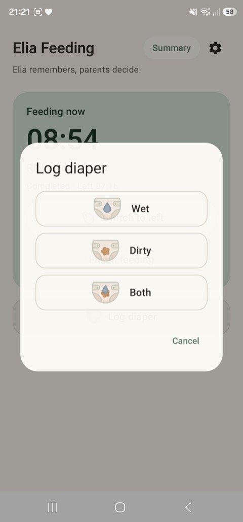 Log a wet, dirty, or combined diaper change in one tap.