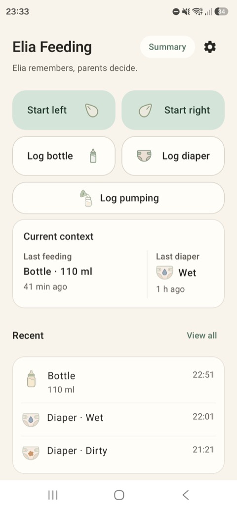 Start a feed or log a bottle, diaper, or pumping session from the calm home screen.
