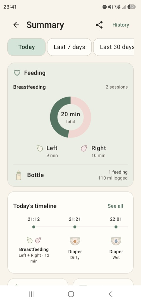 See a clear daily summary of feeding time, bottle amounts, and care events.