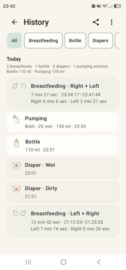 Review and filter the complete history of breastfeeding, bottles, diapers, and pumping.